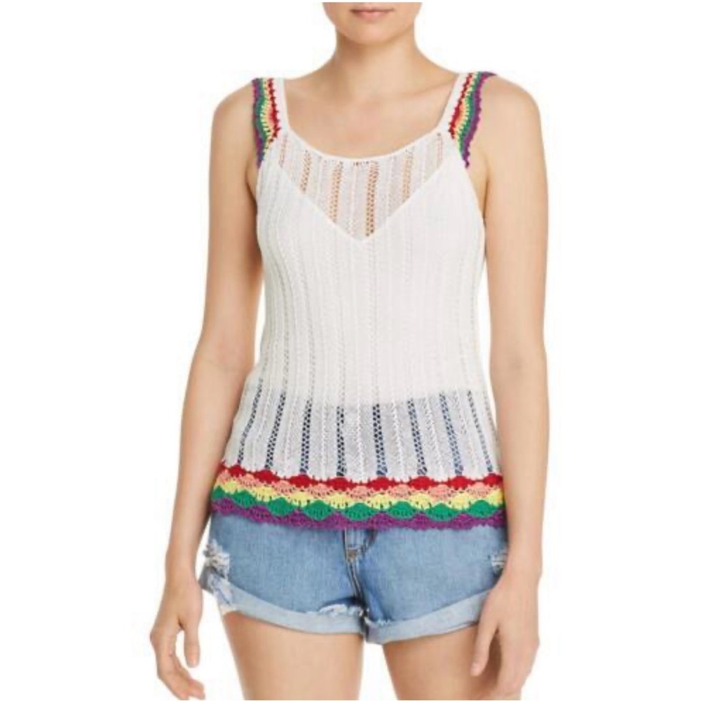 Aqua Stretch Ribbed Knit Tank Top White Rainbow Size Small